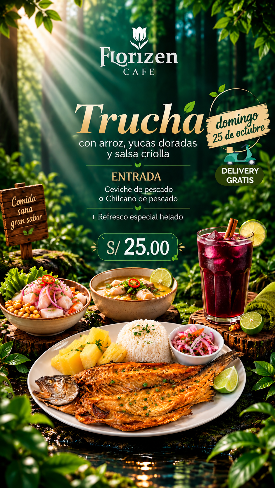 Trucha: Trucha con arroz, yucas doradas y salsa criolla. De entrada, ceviche o chilcano de pescado. Incluye refresco especial helado.